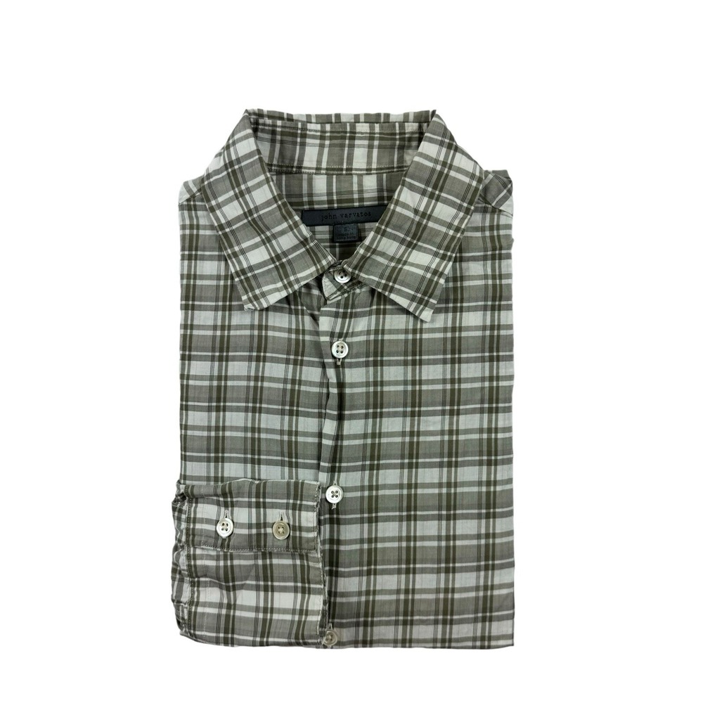 John Varvatos Collection Mens White Muted Green Checked Cotton Button Front S